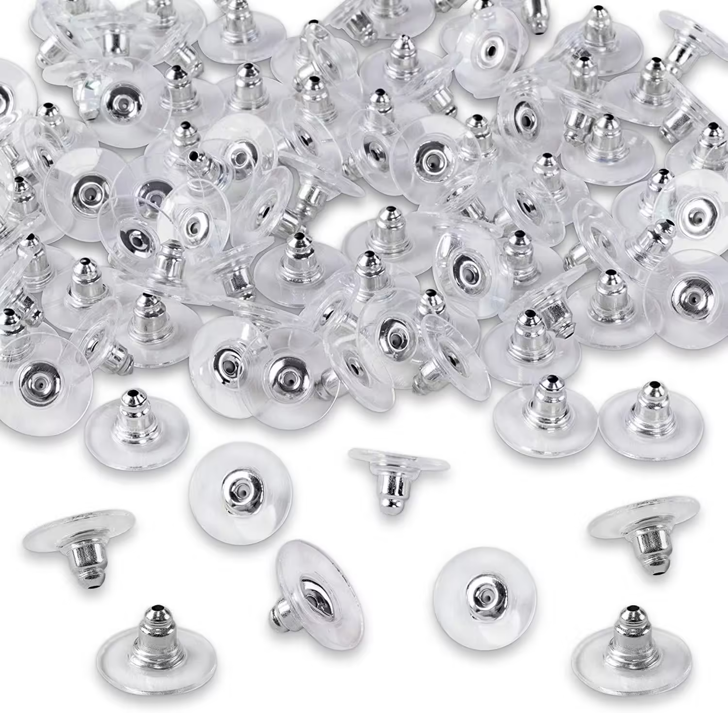 Lot de 10 Poussoirs Fermoirs Rondes pour Boucles d'Oreilles - Argent & Transparent