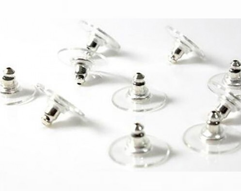 Lot de 10 Poussoirs Fermoirs Rondes pour Boucles d'Oreilles - Argent & Transparent